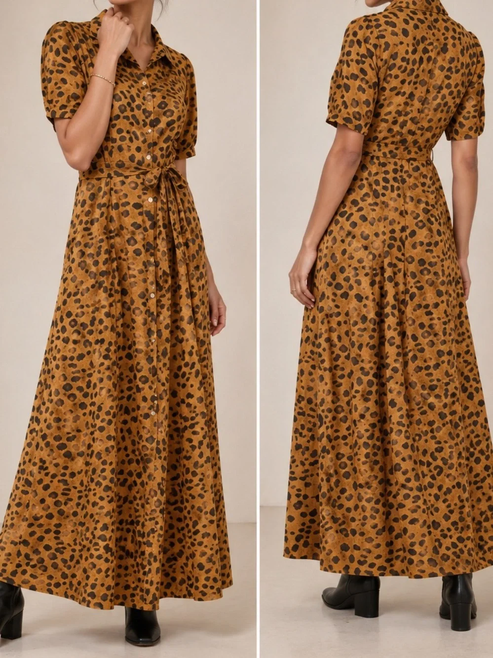 Anthropologie Porridge Vianne Leopard Print Maxi Shirt Dress Belted Button Down